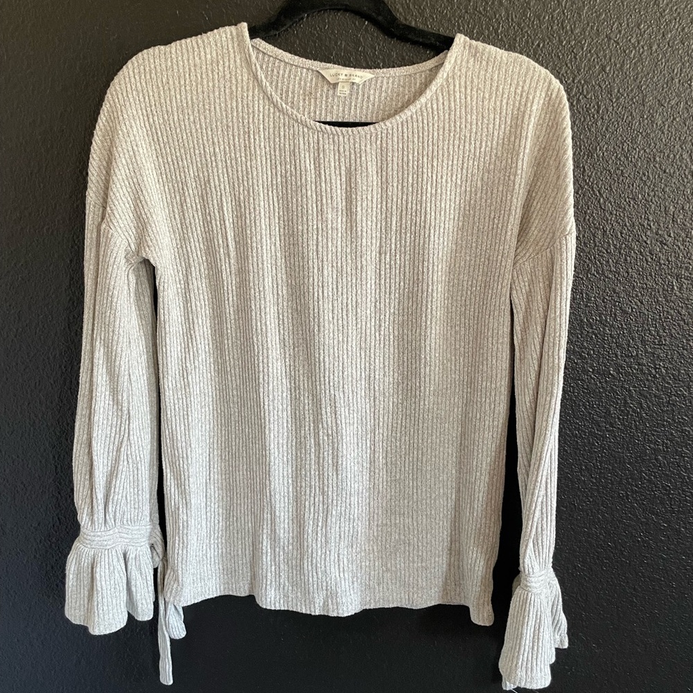 Lucky Brand Light Gray Ribbed Long Sleeve Top with Tie Cuffs